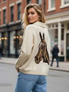 Women's Shawl Collar Cardigan Long Sleeve V Neck Graphic Print Button Down Sweater Knit Tops - 卡其色 - 查看 6