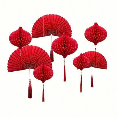 3pcs/5pcs Hanging Tassel Water Drop Honeycomb Ball And Tassel Paper Fan Decor, For Valentine's Day, Mother's Day, Anniversary, New Year, Birthday, Home Party Decoration (Red)