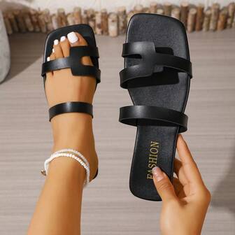 1 Pair Women's Solid Color Square Toe Slip-On Flat Sandals, Elegant & Versatile Black Beach/Outdoor Slippers