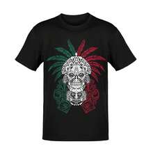 Playera Mexicana Prehispánica con Calaveras – Diseño Azteca en Colores Patrios para  Grande) - Negro - Ver 1