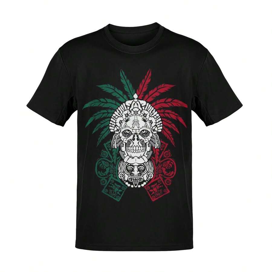 Playera Mexicana Prehispánica con Calaveras – Diseño Azteca en Colores Patrios para Grande) - Negro - Ver 1