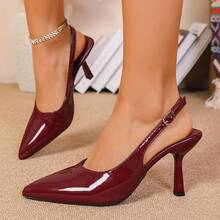 Women's Kitten Heel Pumps, High Heel Pointed Toe Glossy PU Thin Heel Red Wedding Shoes, Bridesmaid Shoes, Versatile Elegant Mature Lady Style Buckle Sandals - Burgundy - View 13