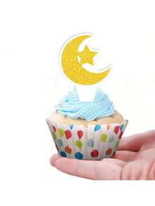 6/12/18/24pcs Star & Moon Cake Toppers, Glitter Paper Cupcake Picks, Party Supplies Tabletop Decorations - Gold - View 3