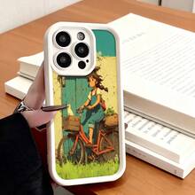 Cubierta de teléfono con borde negro diseño de niña en bicicleta con gato y puerta verde para uso diario y viajes - Café integral - Ver 4