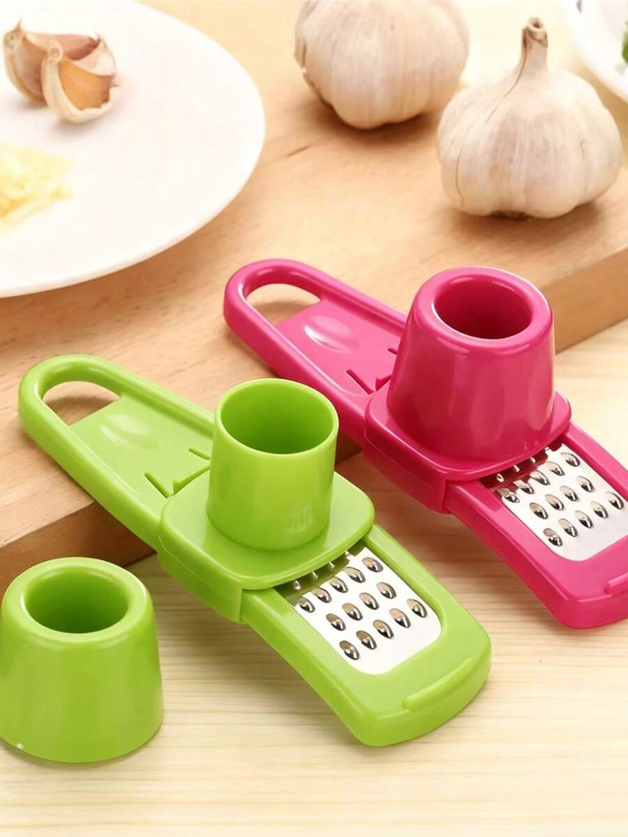 1个绿色/1个粉色/2个手动压蒜器和研磨器 – 耐用塑料材质，易于使用，多功能便携式蒜蓉切碎器和研磨器，食品级，无需用电，小巧设计，适合厨房使用