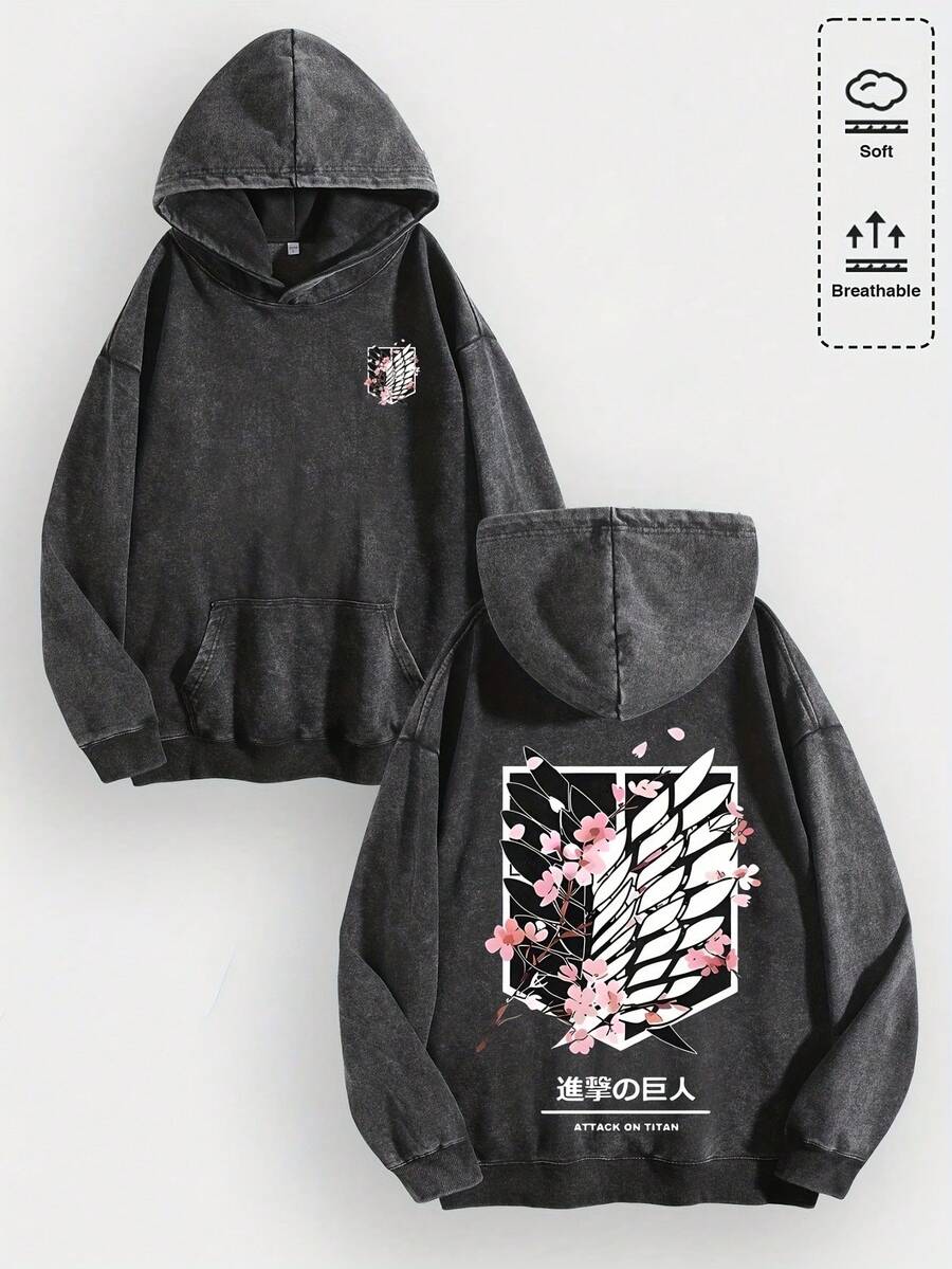 EWH Men/Women Y2K Att Ack On Ti Tan "Wings Of Freedom" Cherry Blossom Graphic Cotton Hoodie, Soft Warm Retro Casual Stylish Daily Wear, Fashionable Graphic Hoodies For Streetwear & Anime Fans Gifts 010-AB - màu đen - Xem 1
