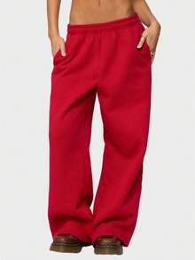 Women's Wide Leg Sweatpants Elastic Waist Low Rise Solid Color Pants Causal Lounge Trousers With Pockets Baggy Pants Athletic Jogger Workout Pants Y2k Track Pants Streetwear - 紅色 - 查看 3