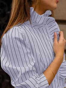 Women's Fashion Striped Ruffle Button Elegant Long Sleeve Versatile Blouse, Polyester, Striped, Suitable For Work, Spring/Summer - Baby Blue - View 4