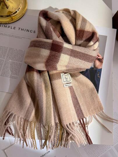 100% Wool Plaid Scarf, Versatile British Style Colorblock Warm Shawl Wrap, Winter