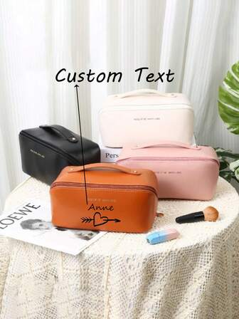 1 pieza Funda de almohada de estilo acordeón de piel de PU personalizada, texto personalizado, bolsa de almacenamiento portátil de viaje, gran capacidad, organización compartimentada, bolsa de aseo