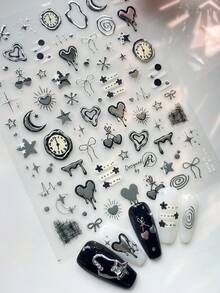 1张金属美甲贴纸，DIY手工星星、月亮、苹果、五角星、涂鸦、黑猫，甜辣Y2K风格美甲贴花，美甲用品 - 灰色 - 查看 3