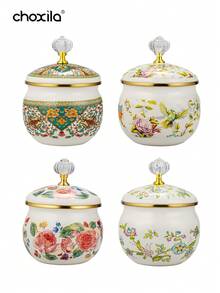1 个糖罐、咖啡罐、茶叶罐、多功能储物罐、食品储物罐、搪瓷材质、图案设计。