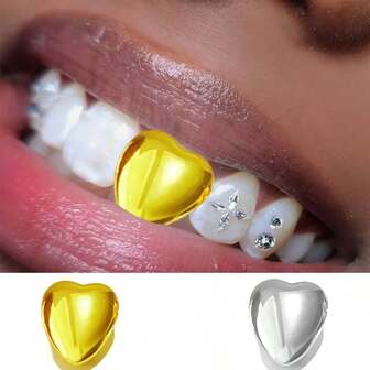 1件时尚闪亮心形牙齿装饰品，镀金铜金属材质，是生日和情人节的完美礼物，男女皆宜，适合夜店、节日派对和约会装扮