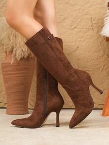 Fall/Winter Sexy Fashion Suede Pointed Toe High Heel Coffee Color Knee-High Boots For Women - Coffee Brown - View 3