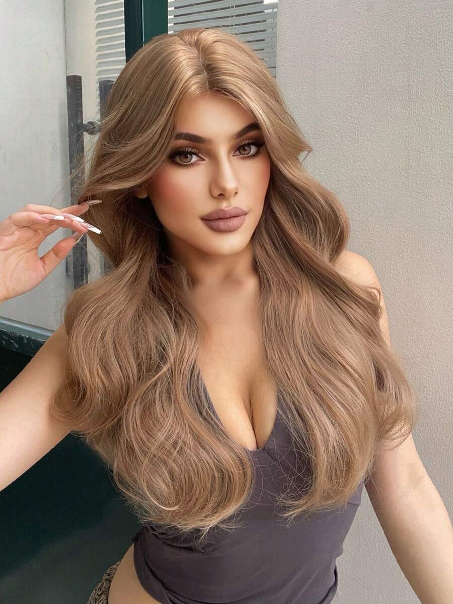 4英寸×1英寸蕾丝前额卷发假发，棕色卷发假发，28英寸长，外观自然，适合节日和日常佩戴 - 摩卡棕 - 查看 1