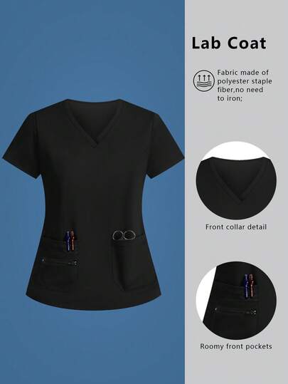 cimmuovere Women's Solid Color V-Neck Short Sleeved Multi Pocket Casual Care Top