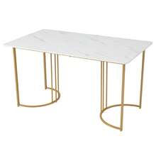 Dining Set (7 Pieces), 140 X 80 Cm Table With 6 Chairs, Modern Kitchen Set, Chairs With Gold Metal Legs, Modern Table With Marble Top And Gold Legs - Beige + Gold + White - View 9