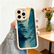 Cubierta de telefono con borde protector color gris oscuro estampado paisaje acuarela con barca y árboles para uso diario y viajes - Café integral - Ver 4