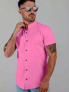 Men's Short-Sleeve Shirt With Mandarin Collar And Linen-Look - Assorted Colors - Comfortable - 粉色 - 查看 5