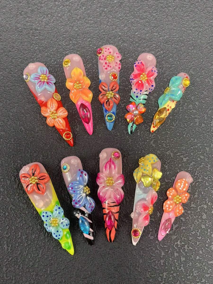 10-Piece Pure Hand-Wearing Nail Pressure Nails 55mm Ultra-Long Thin High-Heeled Nails French Nails Multi-Color With Three-Dimensional Modeling Glue Carving Technology Multi-Color Decoration Three-Dimensional Bright Diamond Decoration Decoration Fashion Versatile Suitable For Women To Wear Three Sizes To Choose From Suitable For A Variety Of Occasions Parties And Daily Wear - Nhiều màu - Xem 1