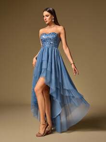 露肩花卉刺绣亮片不对称网纱下摆蓝色伴娘礼服，优雅派对礼服，正式舞会礼服，鸡尾酒会礼服，生日派对礼服，婚礼宾客礼服，毕业典礼礼服，正式晚宴礼服 - 霧霾藍 - 查看 6