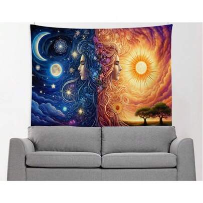 Sun And Moon Goddess Wall Tapestry With Day And Night Duality – Boho Celestial Art For Bedroom, Moon Tapestry,Dorm Or Spiritual Meditation Decor,Decor For Bedroom Living Room Dorm(40x30inch/60x40inch/60x51inch/80x60inch)