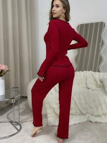 Conjunto de pijama de pantalón y top de manga larga con cuello en V, volantes y mangas acampanadas, de unicolor, grueso y cómodo para mujer, 2 piezas, otoño/invierno - Rojo - Ver 6