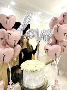 10pcs Large Silver Love Foil Balloons, 18" Light Pink Heart Balloons, DIY Black Ribbon Bows (With Balloon Glue Dots), Suitable For Birthday Party, Engagement, Anniversary, Valentine's Day Decoration - Multicolor - View 1