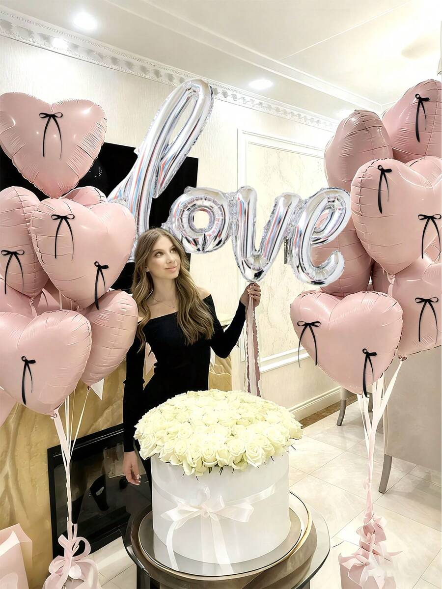 10pcs Large Silver Love Foil Balloons, 18" Light Pink Heart Balloons, DIY Black Ribbon Bows (With Balloon Glue Dots), Suitable For Birthday Party, Engagement, Anniversary, Valentine's Day Decoration - Multicolor - View 1