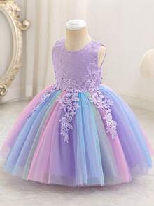 Vestido de princesa estilo europeo y americano para niñas, vestido de tul violeta con parches de encaje y flecos, vestido de princesa colorido y dulce con lazo ajustable en la espalda, para uso diario, ballet, fiesta de cumpleaños, vacaciones, celebración escolar, vestido de tul esponjoso y novedoso - Púrpura malva - Ver 4