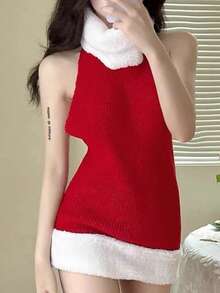 1 套全新圣诞礼物羊羔领露背角色扮演毛衣，性感修身睡袍，适合女士，秋冬 - 紅色 - 查看 7