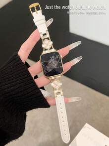 1pc Compatible With Apple Watch Women's Band, White Leather With Gold Rhinestone Flower Chain Decoration, Suitable For Apple Watch Series 8/9/10/11/SE/5/6/7/3/2/1, 38mm/40mm/41mm/42mm/44mm/45mm/46mm/49mm, Cream Color, Fashionable And Durable, Fits Wrist Circumference 155cm-205cm, Smart Watch Accessory