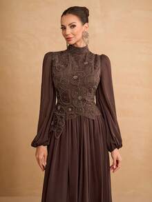 YISIKADO 3D立体花朵串珠花蕊女士雪纺连衣裙，长袖高领，优雅茶会礼服，适合婚礼宾客、毕业典礼、音乐会、宴会、晚宴等场合，春季款。 - 鏽棕色 - 查看 7