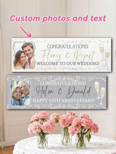 1 Stück personalisiertes Foto-Banner, es gibt zwei Größen und zwei Stile. Lass uns Erinnerungen schaffen, Partydekorationen, Hochzeit, Jahrestag, Verlobung, individualisiertes Banner, Feier - jeder Text, individuelle Ornamente, personalisierte Ornamente mit Foto und Text, Makezbright personalisierte Geschenke