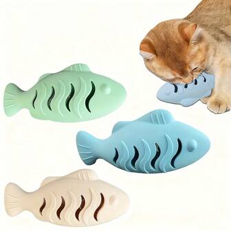 1个硅胶鱼形猫咪磨牙玩具，带零食分配器的猫咪互动玩具，益智零食宠物玩具，牙齿保健宠物用品，无需电池