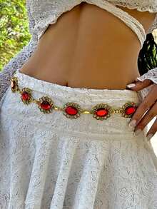 1 pezzo Catena per vita in metallo cava vintage e alla moda, con fiori intarsiati e falsi gemme rosse, gioiello da indossare sul corpo, stile boho classico con motivo floreale intagliato e falsi gemme rosse, adatto per uso quotidiano e per occasioni di festa delle donne - Rosso - Visualizzare 7