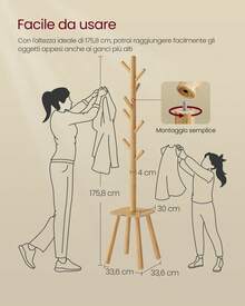VASAGLE Attaccapanni da Terra, Appendiabiti da Terra, con 8 Ganci e Piano Portaoggetti, Alto 170,5 cm, per Cappotti Cappelli Borse, Ingresso Corridoio Camera da Letto, Beige Naturale, Regalo Natale - Beige Naturale - Visualizzare 5