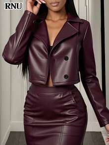 RNU 女士酒红色PU皮优雅夹克，适合派对、婚礼宾客、外出、冬季等各种场合，优雅的秋季派对装扮，春夏秋季服装，时尚优雅的女士休闲装，情人节装扮，狂欢节装扮，休闲夹克，新年装扮，秋冬季服装 - 酒紅色 - 查看 6