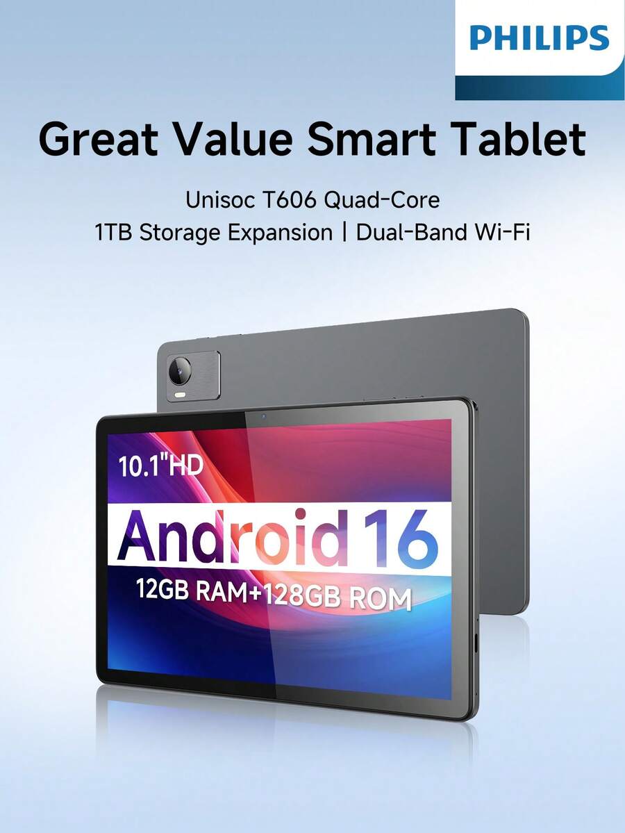 Philips T7305 Tablet WiFi 5.0 Unisoc T606 12G Ram+128G Rom 10.1',1280*800 Android 16.0 Widevine DRM L1 - Grey - View 1