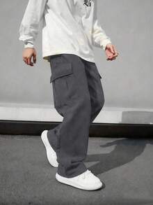 1pc Tween Boys Comfortable Casual Loose Straight Leg Multi-Pocket Pants, Spring/Summer/Autumn - Grey - View 2