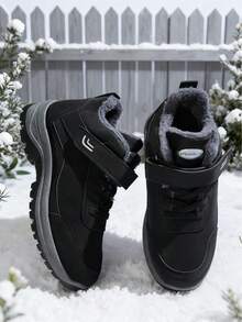 2026 Winter FuzzyChic Casual Sneakers, Unisex, Non-Slip, Waterproof, Wear-Resistant, Shock-Absorbing, Height-Increasing, All-Weather Warm Ankle Boots, Round Toe Design, Sporty Style, Perfect For Valentine's Day, Versatile Casual Shoes, A Must-Have For Sweet Girls And Tough Guys This Valentine's Day.Winter Wedding Fashion Snow Boots, Black Casual Shoes With A Vacation Vibe - 黑色 - 查看 4