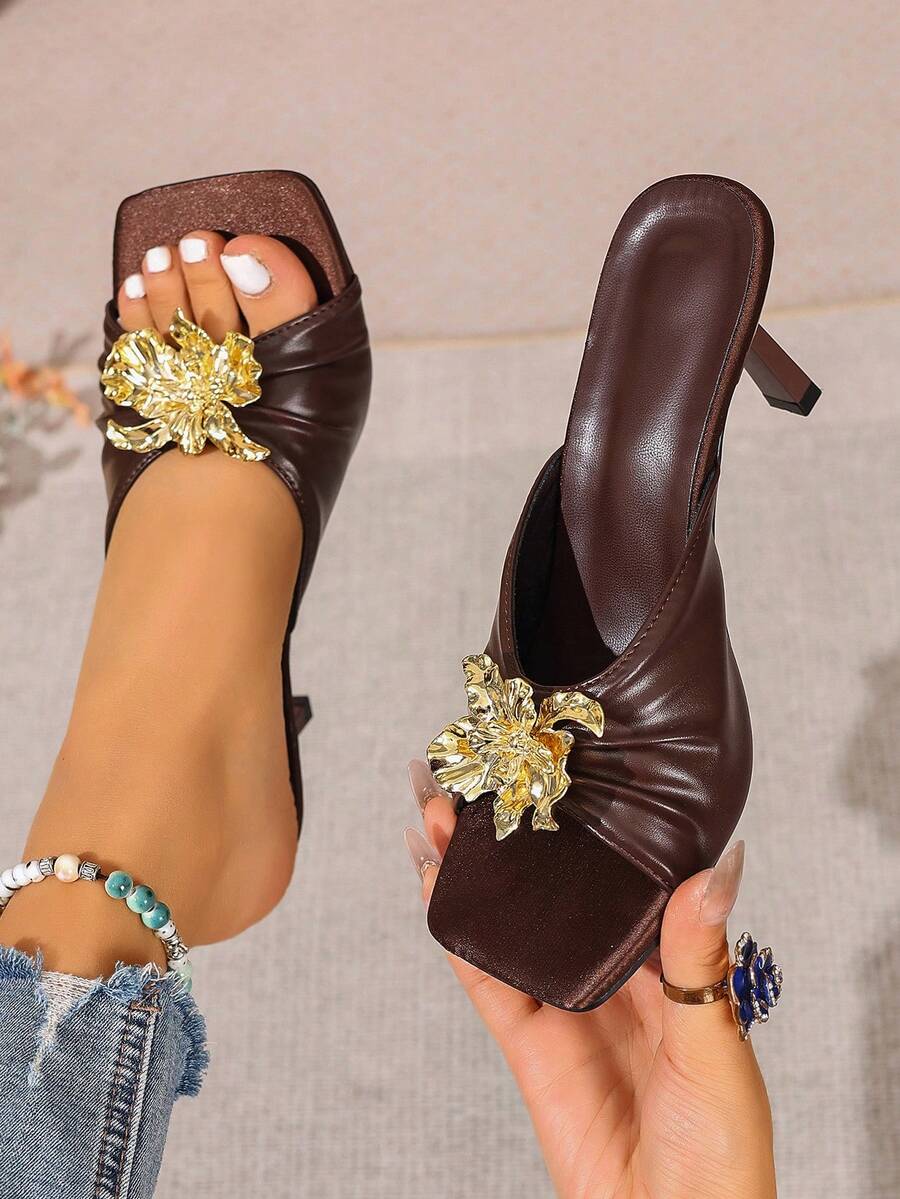 Giày sandal hở mũi thời trang mùa xuân/hè mũi vuông gót mỏng, sandal cao gót hở mũi họa tiết hoa gợi cảm dành cho nữ. - màu nâu - Xem 1