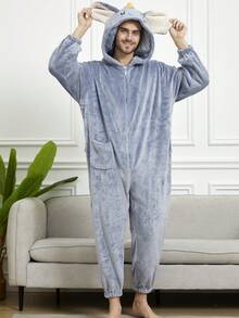 1pc Men's Warm & Anti-Cold Flannel Cartoon Holiday One-Piece Jumpsuit Sleepwear, Fluffy Winter - Brown - View 4