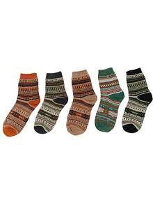 5双复古图案女士羊毛混纺中筒袜，舒适保暖，用途广泛，适合远足、度假、节日、情人节礼物、上学、日常穿着，四季皆宜（颜色随机） - 款式A - 查看 4