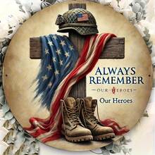 2D Flat, 1 Piece Retro Patriotic "Always Remember Our Heroes" Aluminum Metal Sign.8x7.8inch - Home, Garden, Bar And Coffee Shop Wall-Mounted Military Tribute Decoration, American Flag Decoration, Cross Silhouette Design, Home Decoration, Retro Style, Durable Material, Home Decorator, 2D Flat - 彩色 - 查看 4