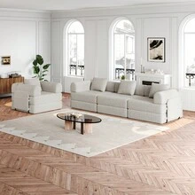 Sofá Cama Chenille 2 en 1 con Almacenamiento en el Reposabrazos, Tres Estructuras Metálicas y Múltiples Opciones de Configuración. Conjunto de Dos Piezas - caqui + chenilla + 4 plazas - Ver 2