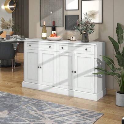Large Sideboard With 4 Doors And 2 Drawers, Modern Buffet Cabinet For Dining Room And Living Room, 150 X 86 X 40 Cm (L/W/H) – (Antique White+Natural Wood)