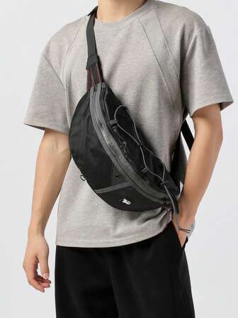 1pc Men's Fashion Chest Bag, Stylish Drawstring Design Can Hold Water Bottle, Front Mesh Pocket For Power Bank, Adjustable Shoulder Strap, Multi-Layer Crossbody Bag Suitable For Commuting, Outdoor Activities