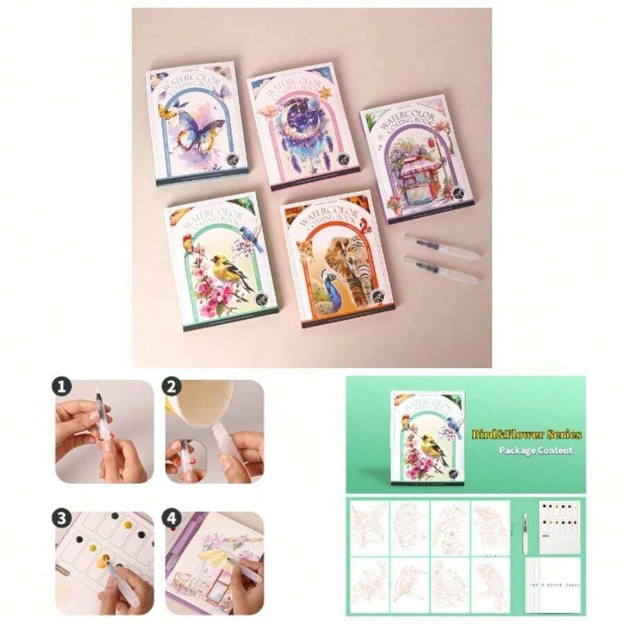 Watercolor Painting Paper Set - Line Draft Coloring Books Drawing Painting Art Kit Handmade Watercolor Decorative Painting Includes Brushes And PaintsFlower Seriesu2026 - Butterflies & Birds Series - View 1