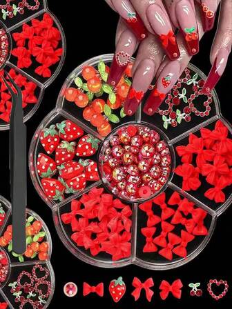 1 caja de decoraciones de uñas DIY surtidas con lazos de resina roja, fresa, cereza, perlas de colores, corazón de rhinestone, cereza